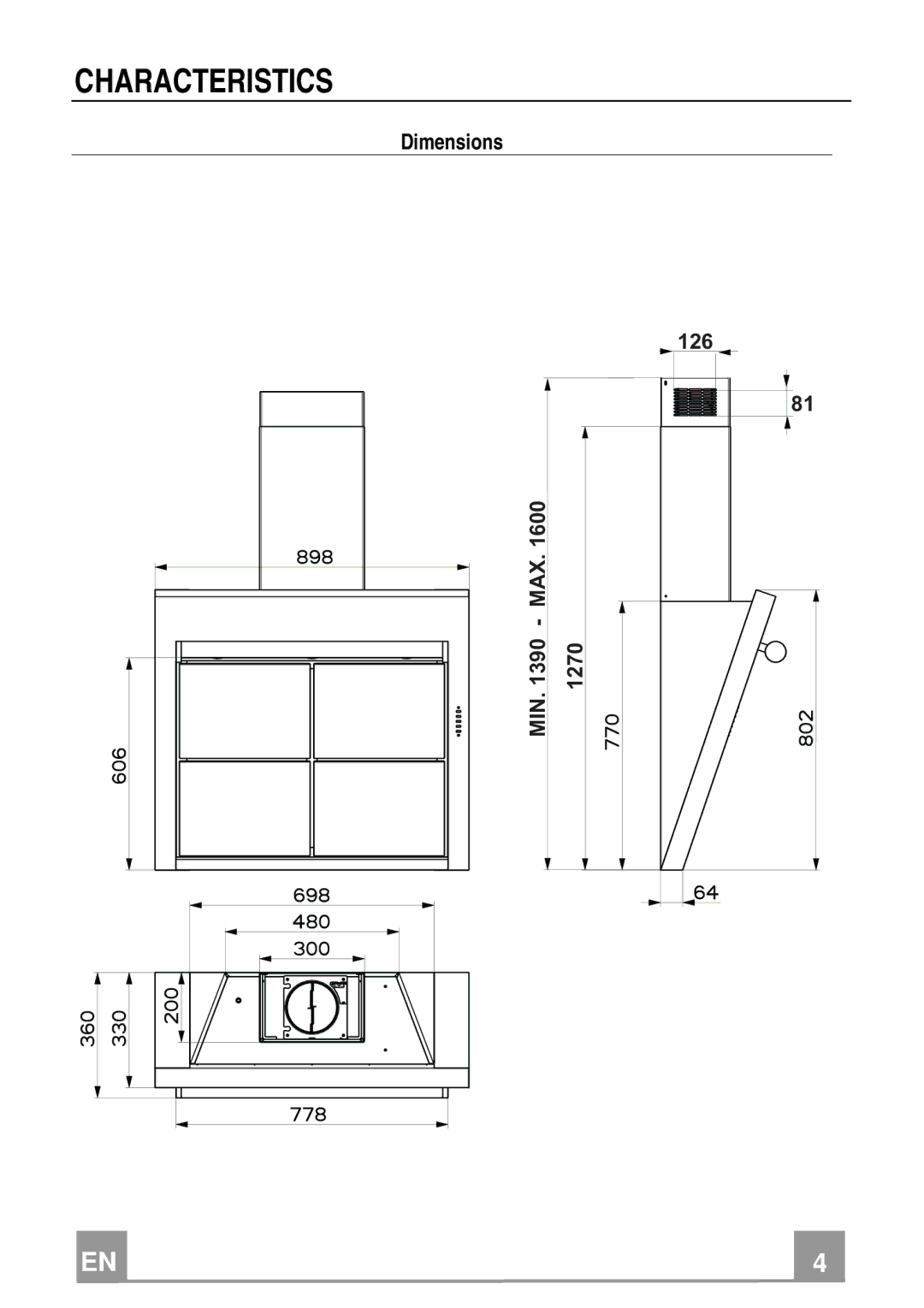 Rangemaster GLX390 manual Characteristics, Dimensions 