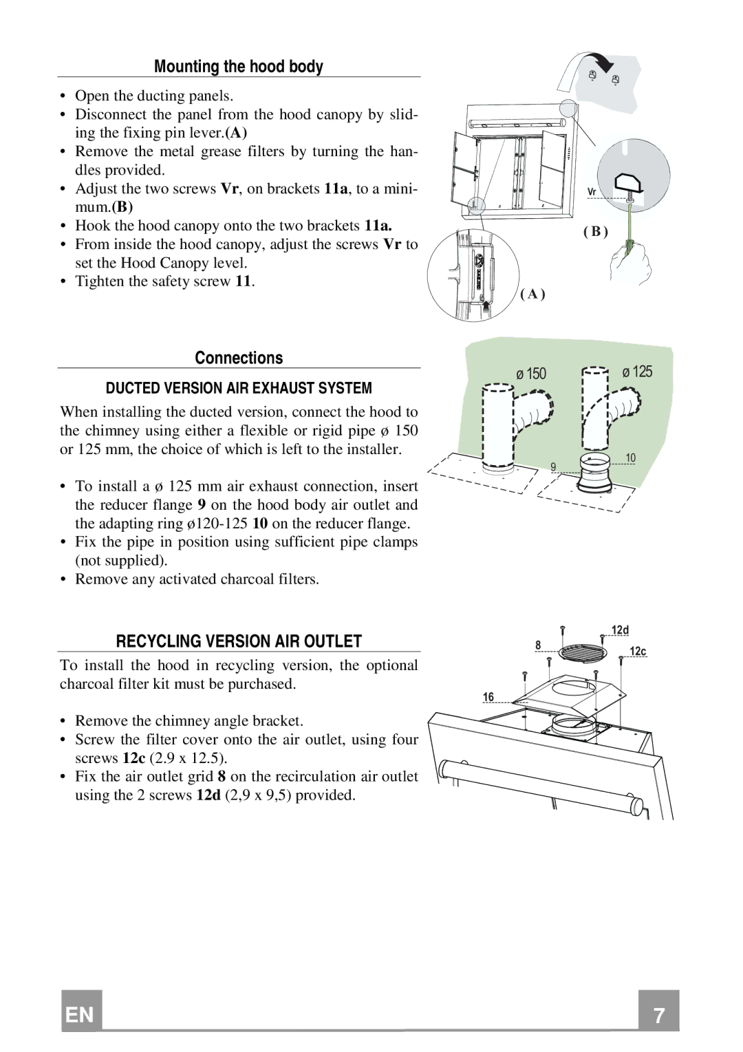 Rangemaster GLX390 manual Mounting the hood body, Connections, Ducted Version AIR Exhaust System 