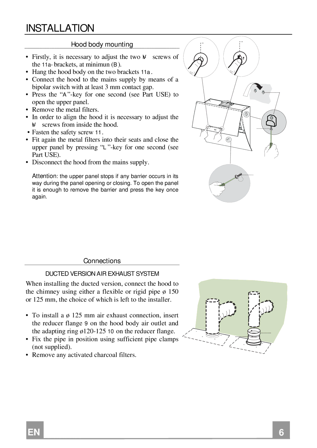 Rangemaster GLX490 RM manual Installation, Hood body mounting, Connections, Ducted Version AIR Exhaust System 