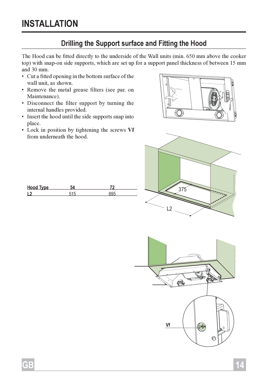 Rangemaster L2 515 695, L 540 720, L1 512 692, L1 400370 Installation, Drilling the Support surface and Fitting the Hood 