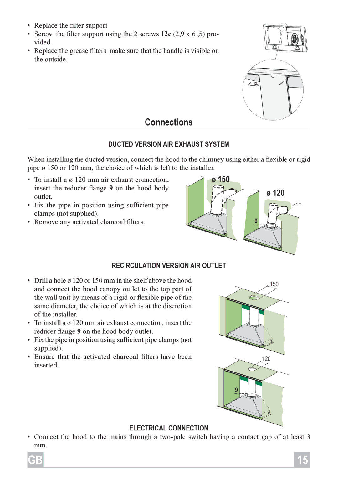 Rangemaster L1 512 692, L 540 720 Connections, Ducted Version AIR Exhaust System, Recirculation Version AIR Outlet 