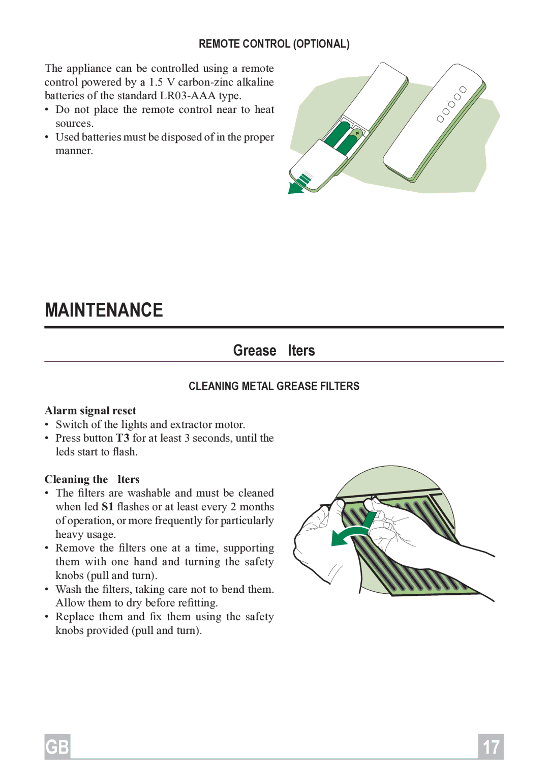 Rangemaster L 540 720, L2 515 695 Maintenance, Grease ﬁlters, Remote Control Optional, Cleaning Metal Grease Filters 