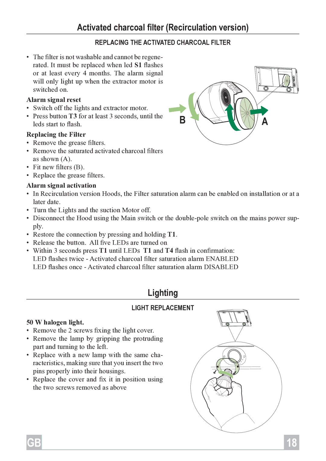 Rangemaster L2 515 695 Activated charcoal ﬁlter Recirculation version, Lighting, Replacing the Activated Charcoal Filter 
