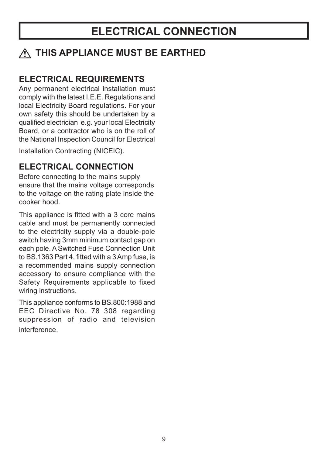 Rangemaster LEIHDC90SC, LEIHDC120BB, LEIHDC60BB, CLAHDC120BC, LEIHDC60BC Electrical Connection, Electrical Requirements 