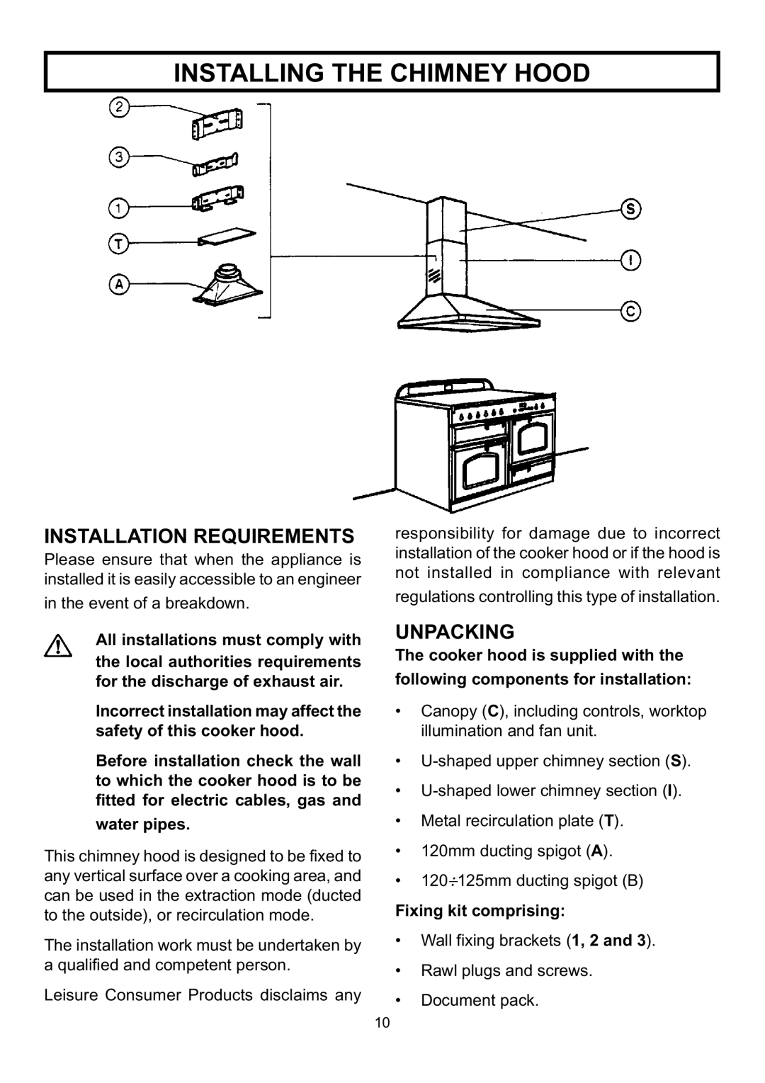 Rangemaster LEIHDC120BB, LEIHDC60BB, CLAHDC120BC Installing the Chimney Hood, Installation Requirements, Unpacking 