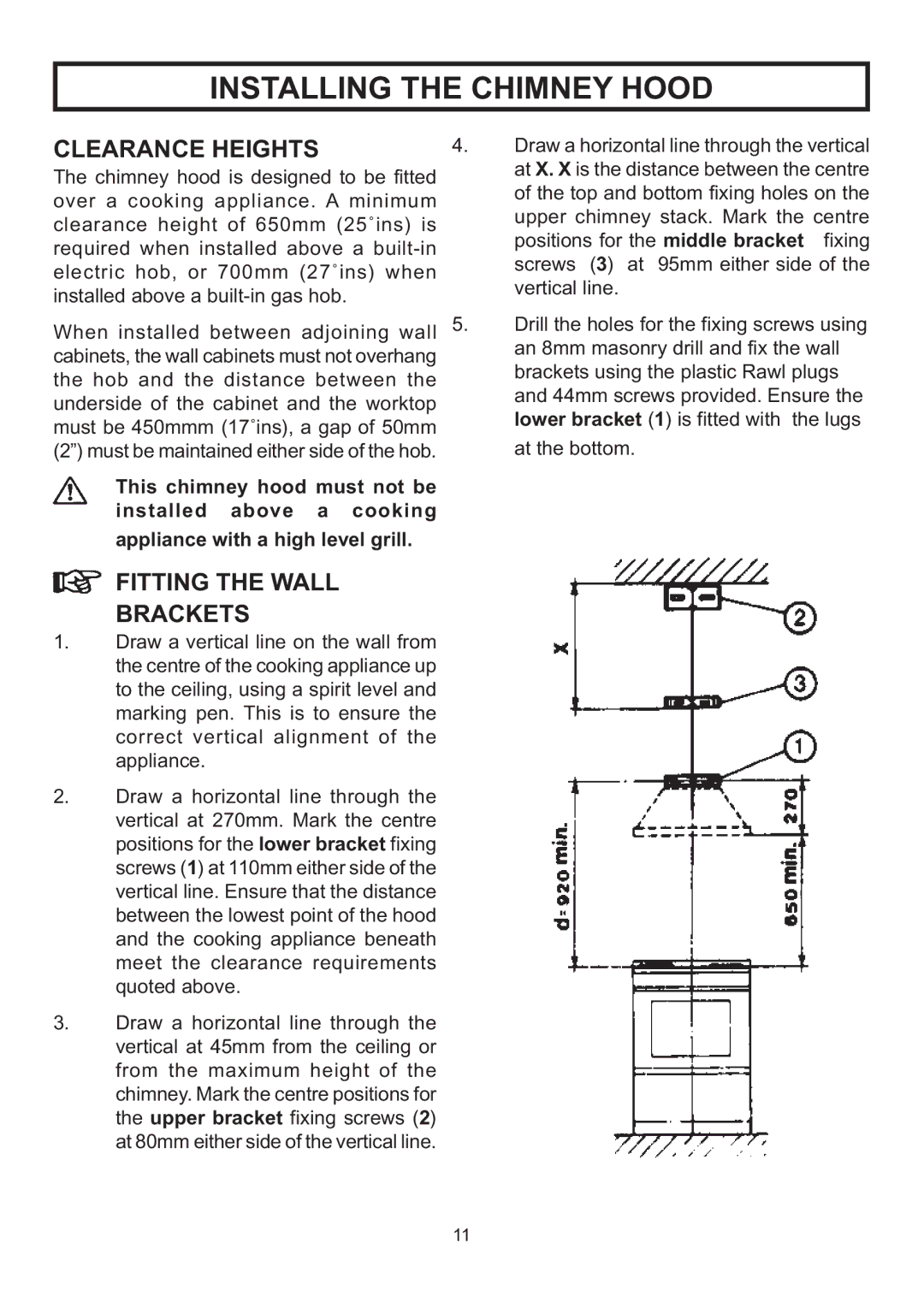 Rangemaster LEIHDC60BB, LEIHDC120BB, CLAHDC120BC, LEIHDC60BC, CLAHDC60BB Clearance Heights, Fitting the Wall Brackets 