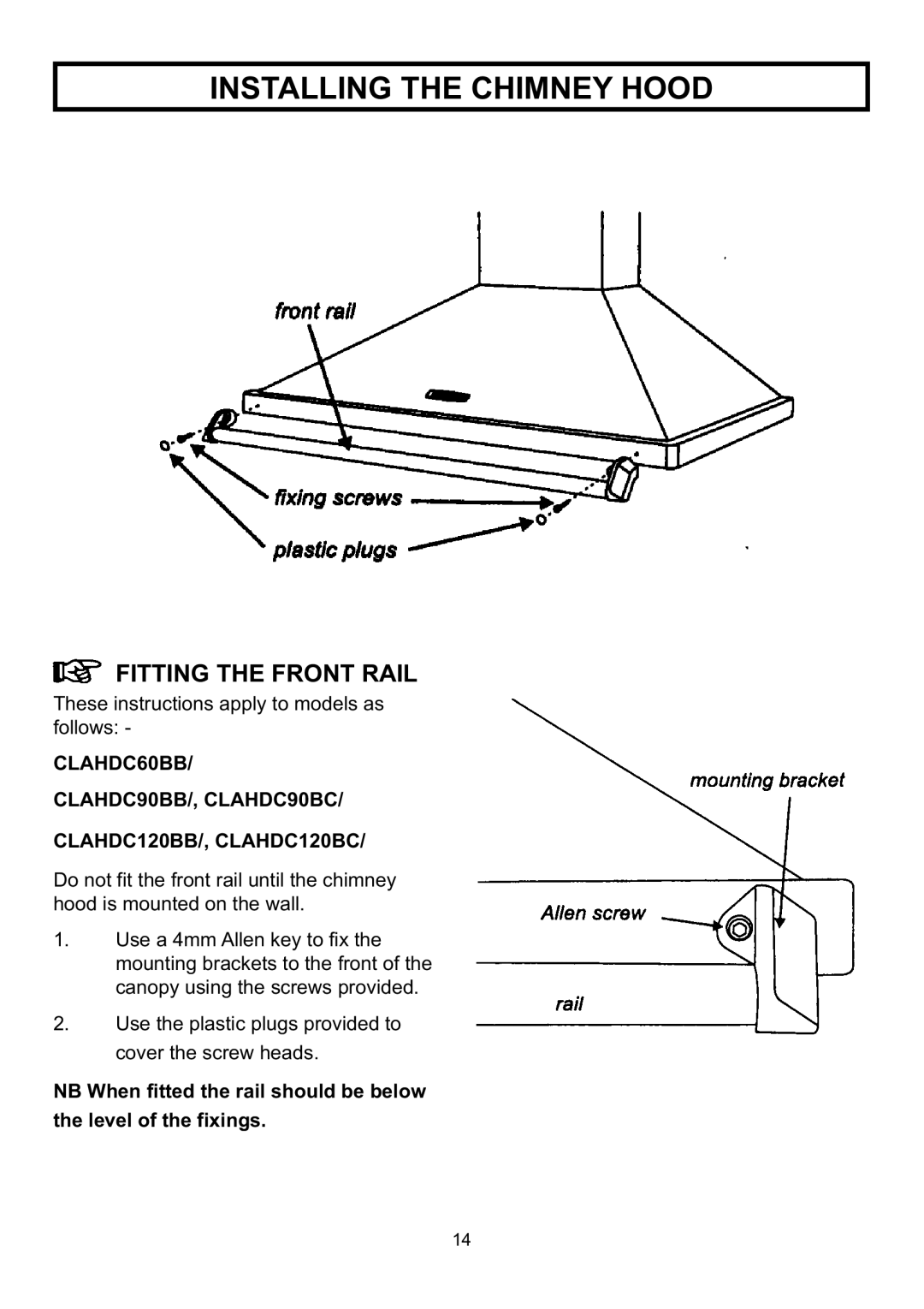 Rangemaster CLAHDC60BB, LEIHDC120BB, LEIHDC60BB, CLAHDC120BC, LEIHDC60BC, LEIHDC60SC, CLAHDC90BC Fitting the Front Rail 