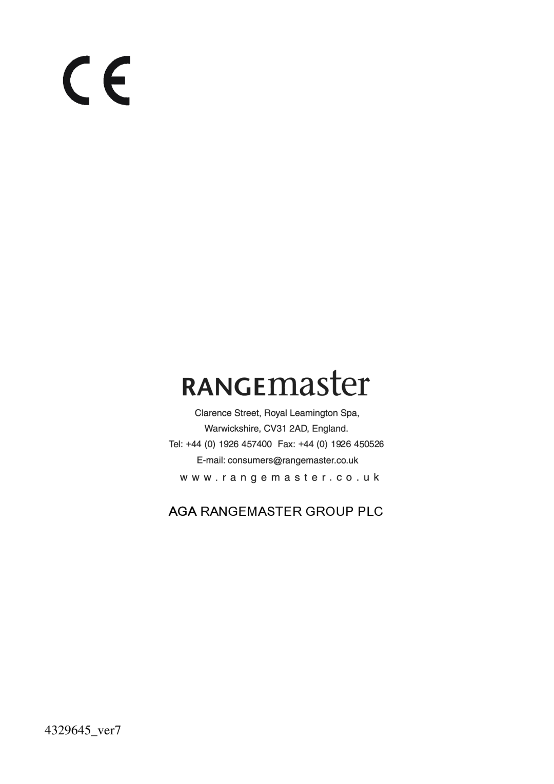 Rangemaster LEIHDC70BC, LEIHDC70SC, LEIHDC70BB manual Aga Rangemaster Group Plc, 4329645 ver7 