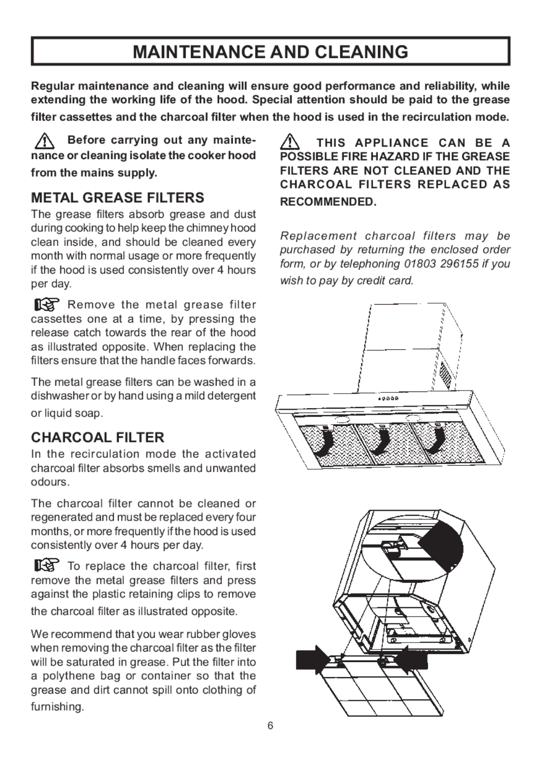 Rangemaster LEIHDS120SC Maintenance and Cleaning, Metal Grease Filters, Charcoal Filter, Recommended 