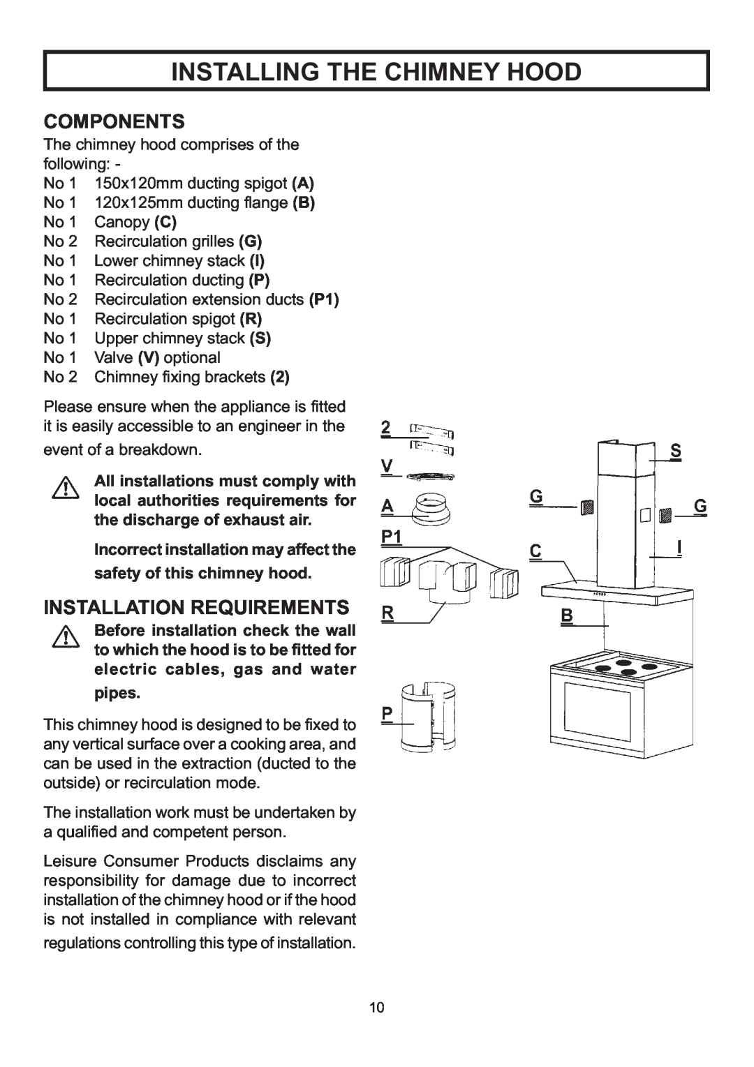 Rangemaster LEIHDS120SC installation instructions Installing The Chimney Hood, Components, Installation Requirements, pipes 