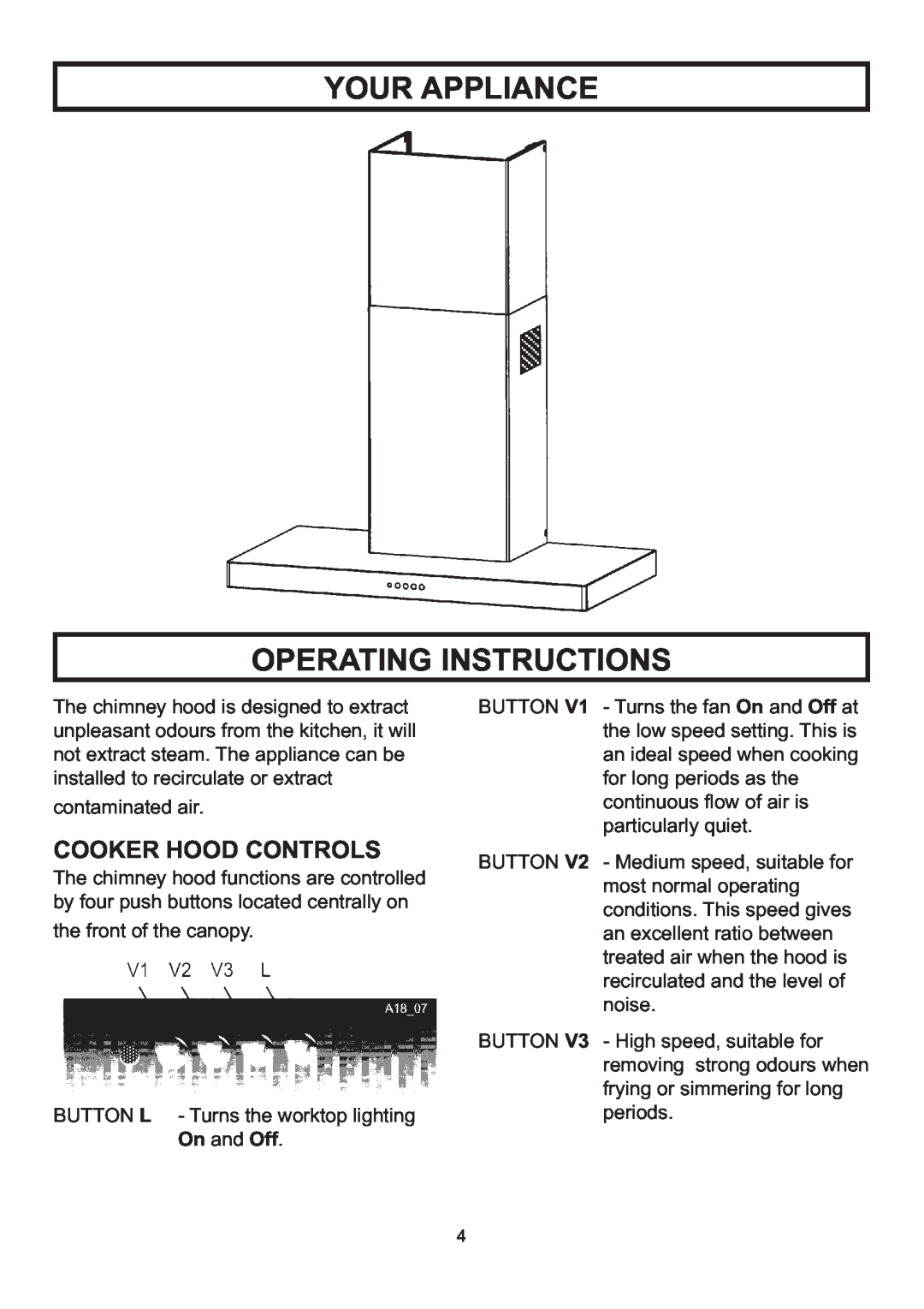 Rangemaster LEIHDS120SC installation instructions Your Appliance Operating Instructions, Cooker Hood Controls 
