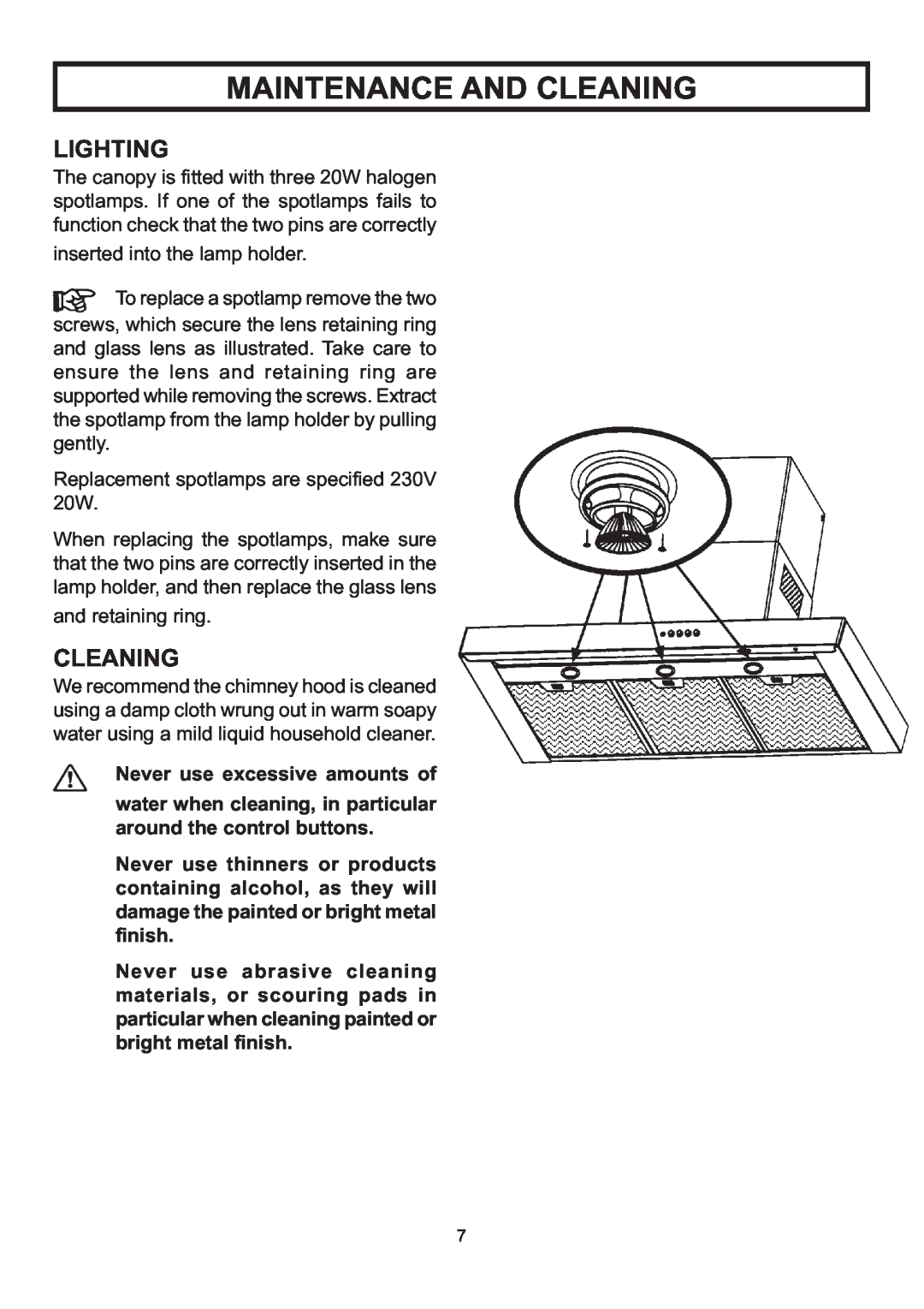 Rangemaster LEIHDS120SC installation instructions Lighting, Never use excessive amounts of, Maintenance And Cleaning 