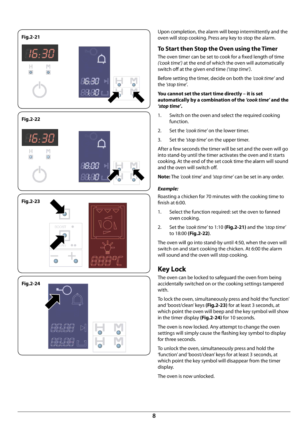 Rangemaster R6012 manual Key Lock, To Start then Stop the Oven using the Timer, Example 