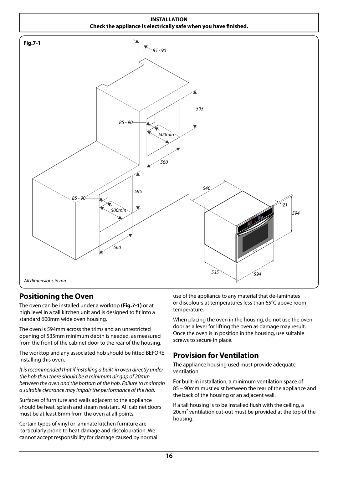 Rangemaster R6012 manual Positioning the Oven, Provision for Ventilation 