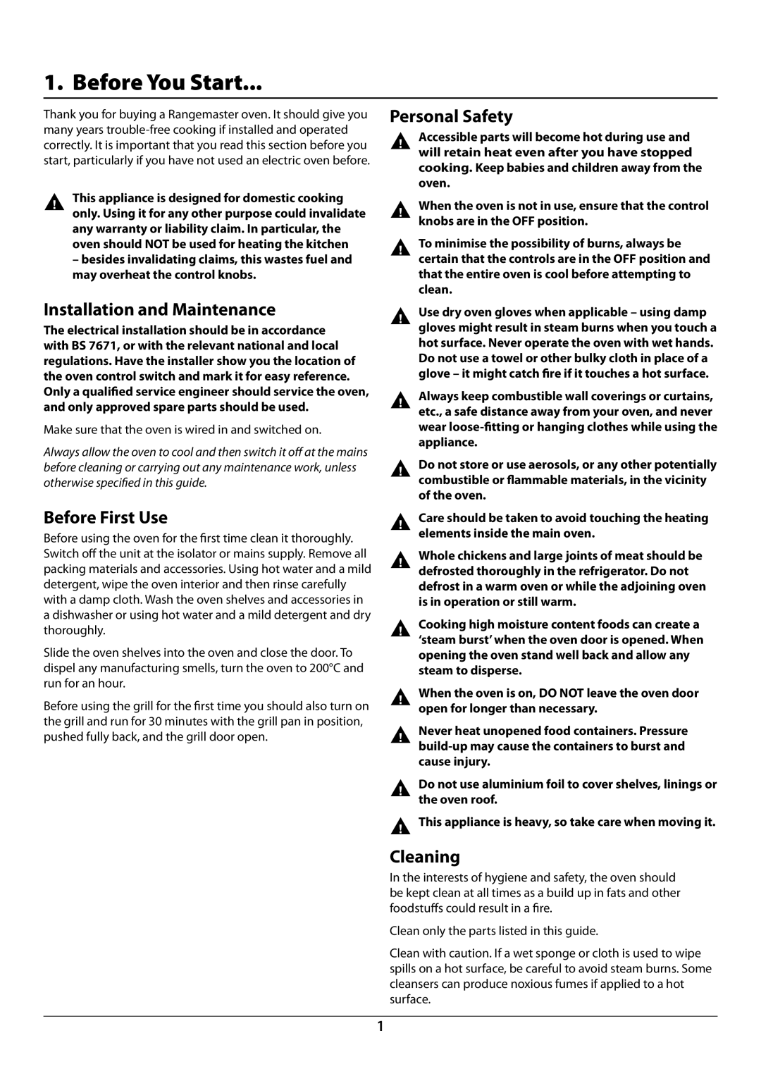 Rangemaster R6012 manual Before You Start, Installation and Maintenance, Before First Use, Personal Safety, Cleaning 