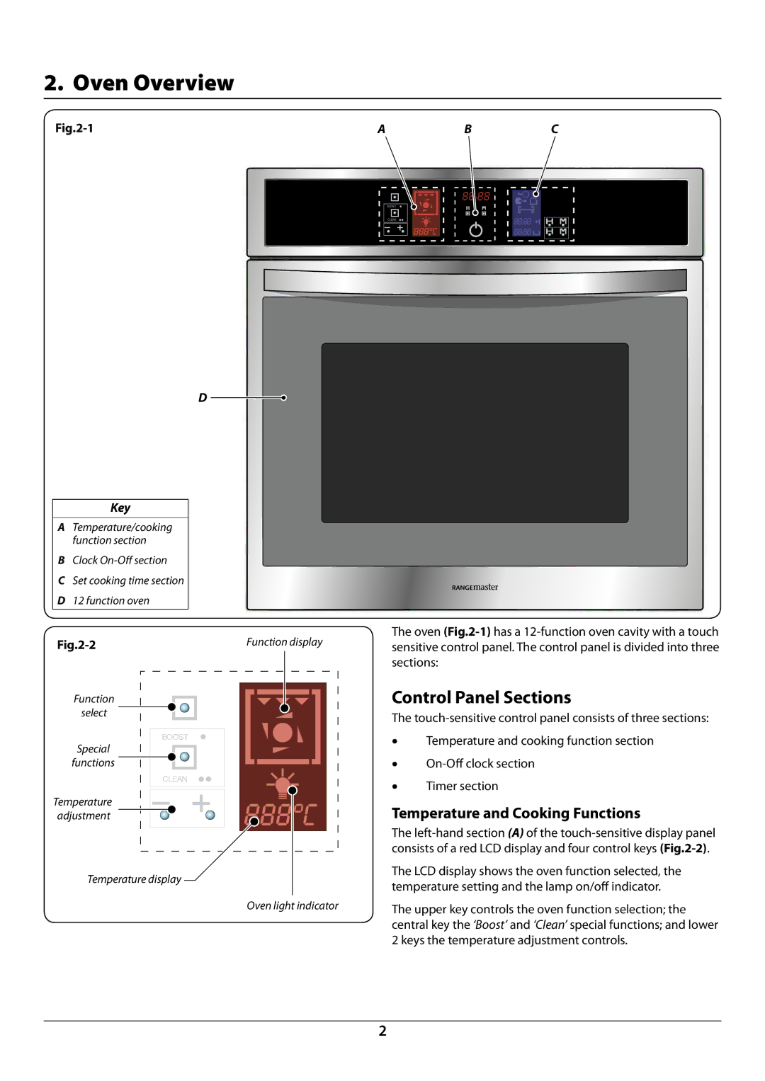 Rangemaster R6012 manual Oven Overview, Control Panel Sections, Temperature and Cooking Functions, Key 