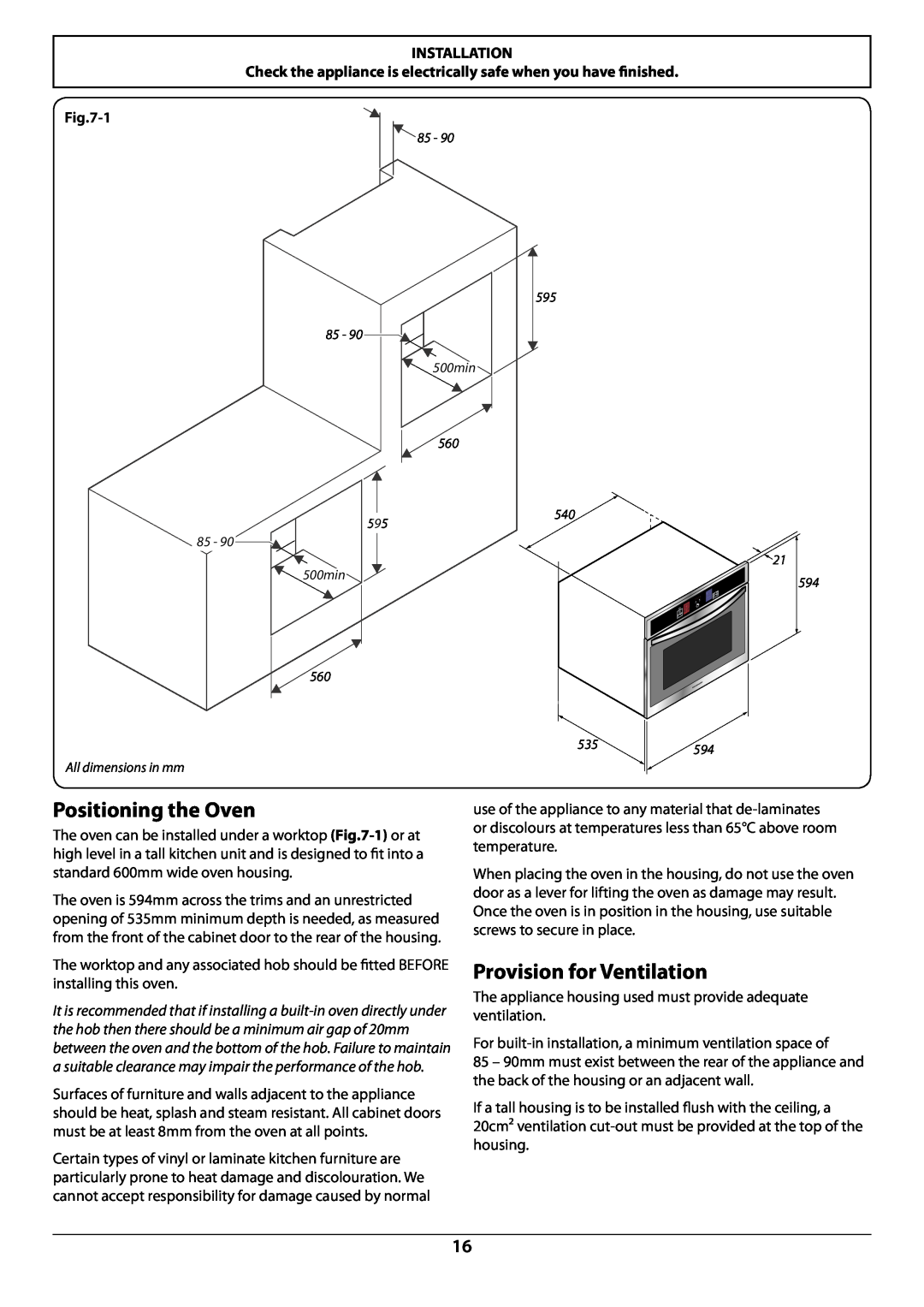 Rangemaster R6012 manual Positioning the Oven, Provision for Ventilation, Installation 