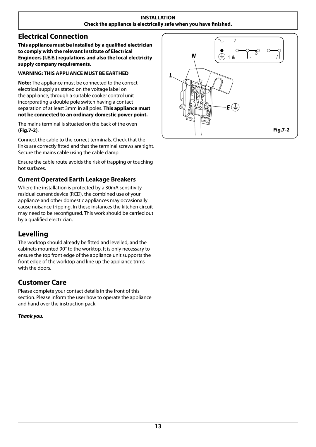 Rangemaster R604 manual Electrical Connection, Levelling, Customer Care, Current Operated Earth Leakage Breakers 