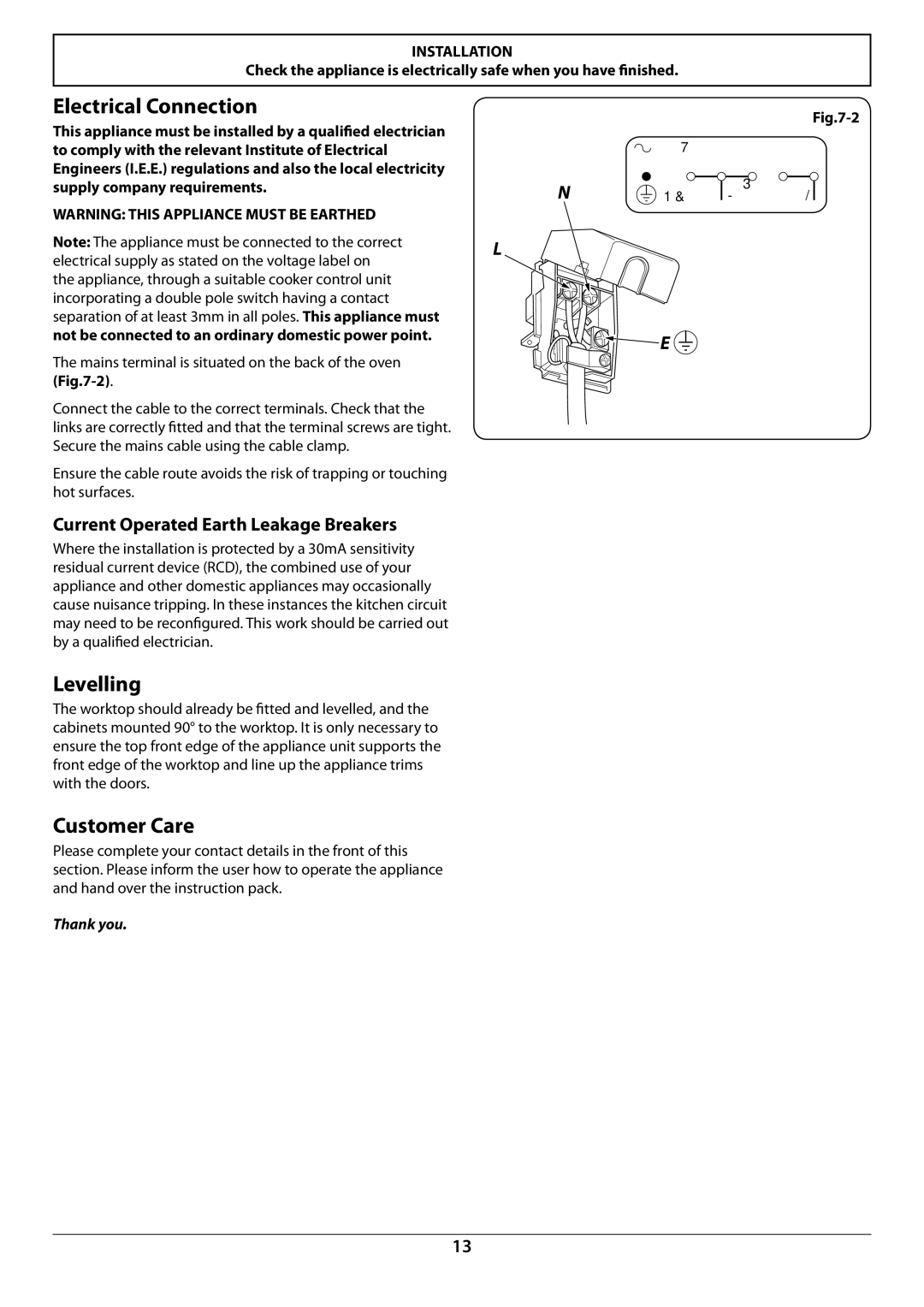 Rangemaster R609 manual Electrical Connection, Levelling, Customer Care, Current Operated Earth Leakage Breakers 