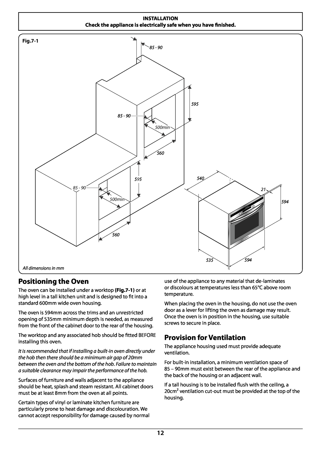 Rangemaster R609 manual Positioning the Oven, Provision for Ventilation, Installation 