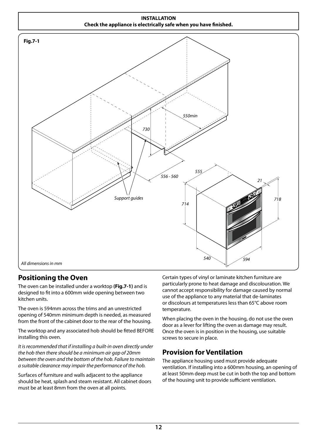 Rangemaster R7247 manual Positioning the Oven, Provision for Ventilation 