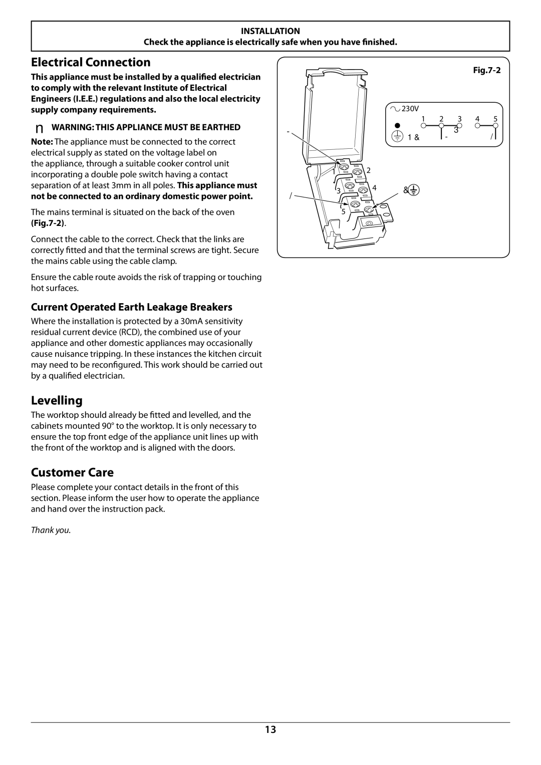 Rangemaster R7247 Electrical Connection, Levelling, Customer Care, Current Operated Earth Leakage Breakers, Thank you 