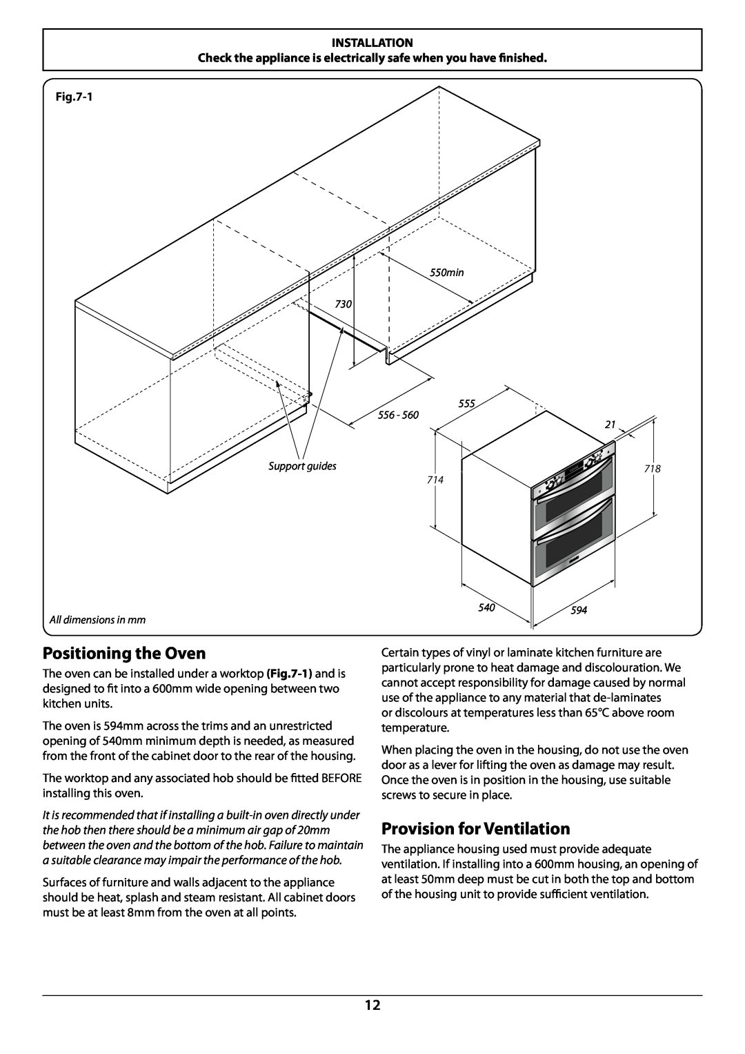 Rangemaster R7247 manual Positioning the Oven, Provision for Ventilation, Installation 
