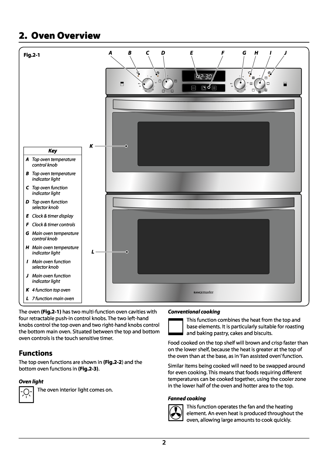 Rangemaster manual Oven Overview, Functions, DocNo.024-0006- Overview - R7247 oven, Oven light, Conventional cooking 