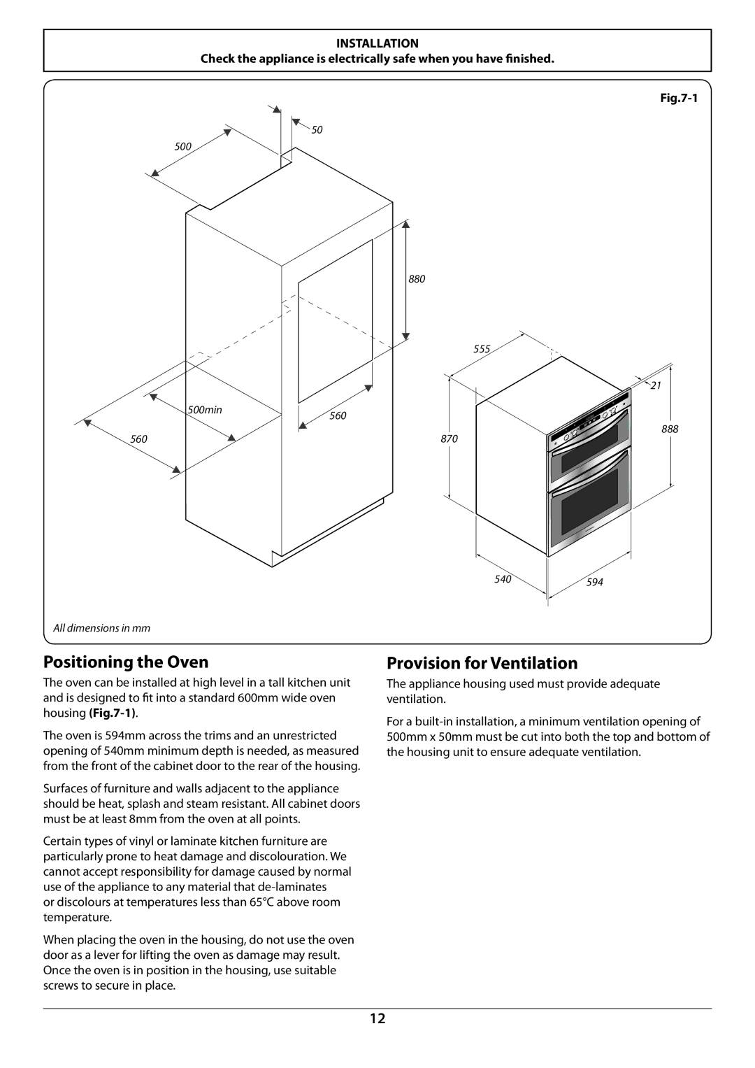 Rangemaster R9044 manual Positioning the Oven, Provision for Ventilation 