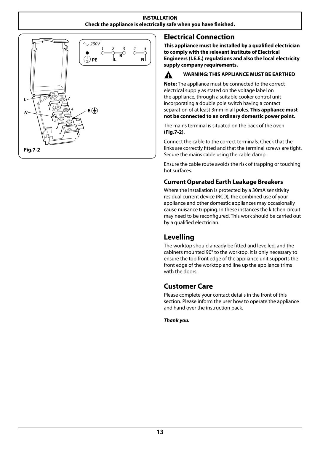 Rangemaster R9044 manual Levelling, Customer Care, Current Operated Earth Leakage Breakers 