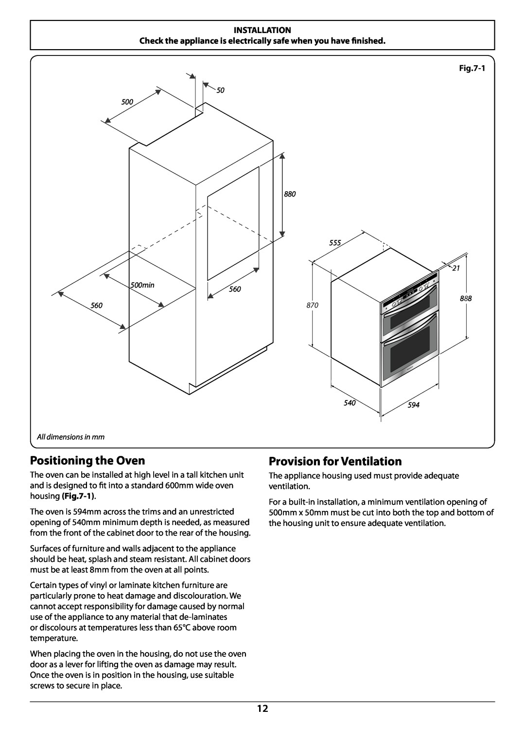 Rangemaster R9044 manual Positioning the Oven, Provision for Ventilation, Installation, 1 