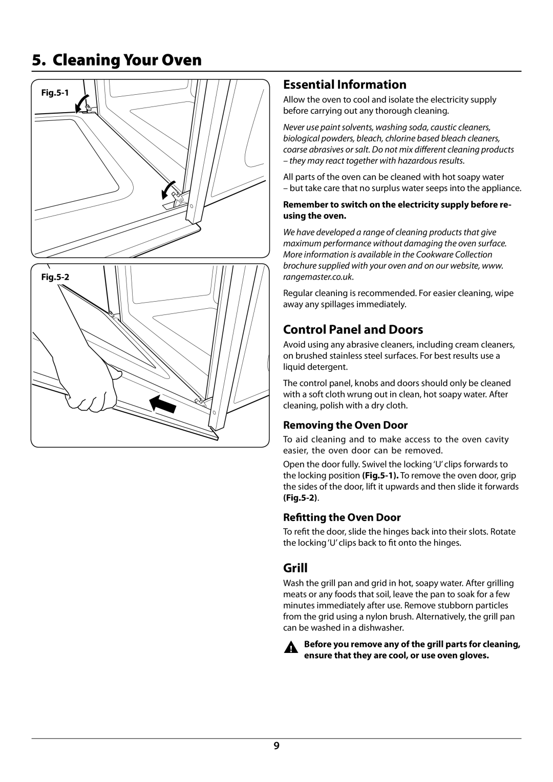 Rangemaster R9049 manual Cleaning Your Oven, Essential Information, Control Panel and Doors, Grill 