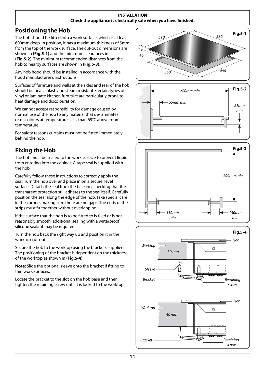 Rangemaster RC60SS manual Positioning the Hob, Fixing the Hob 