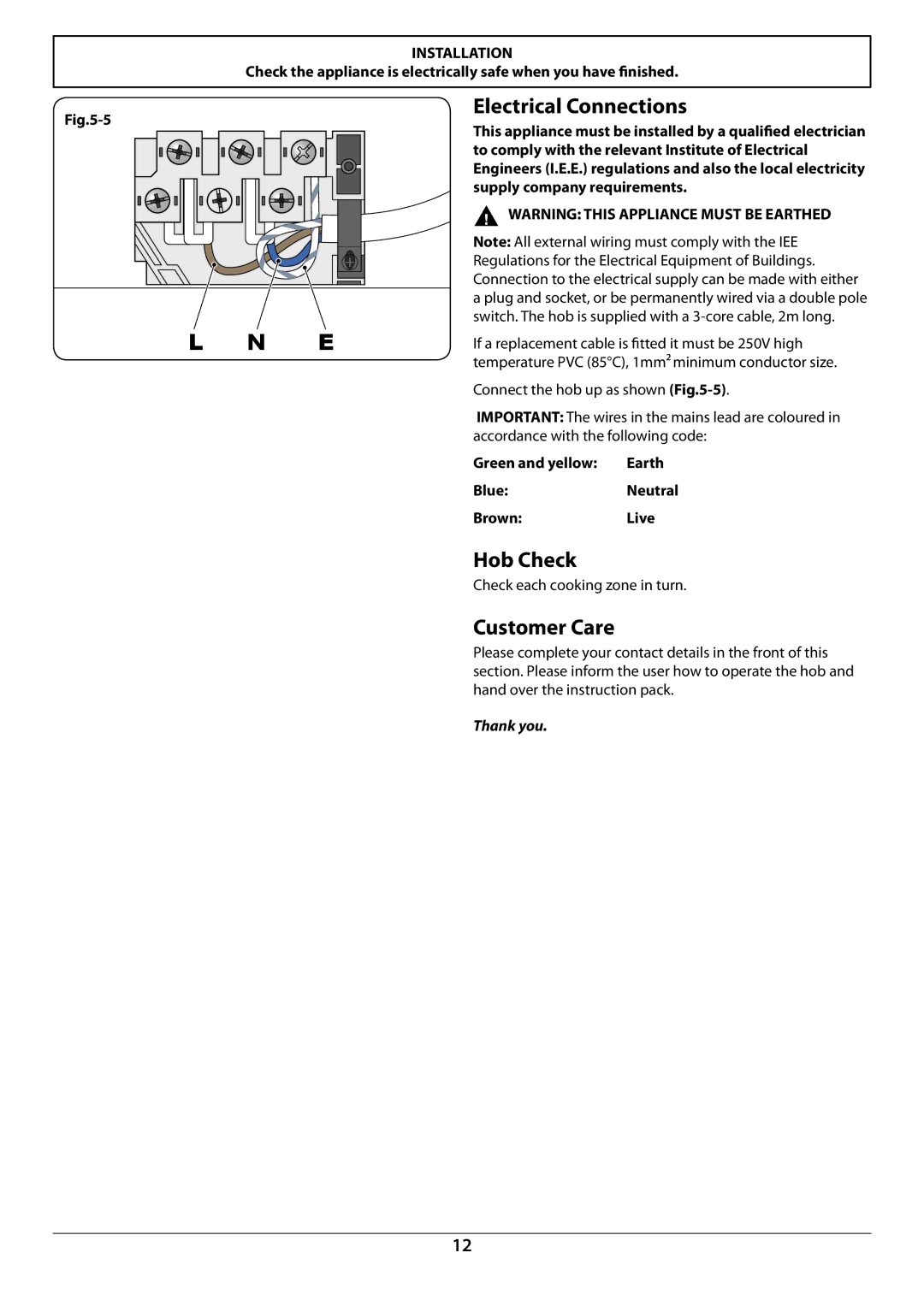 Rangemaster RC60SS manual Electrical Connections, Hob Check, Customer Care, Thank you 