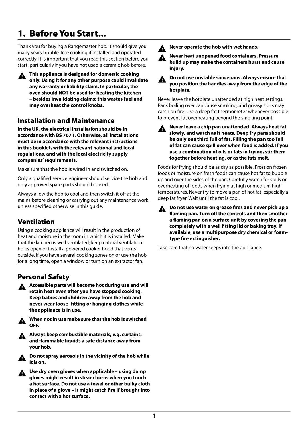 Rangemaster RC60SS manual Before You Start, Installation and Maintenance, Ventilation, Personal Safety 