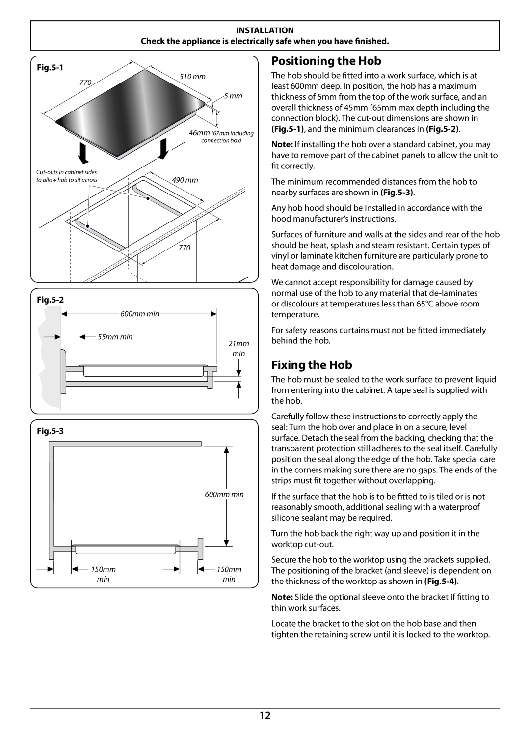 Rangemaster RC77 manual Positioning the Hob, Fixing the Hob 