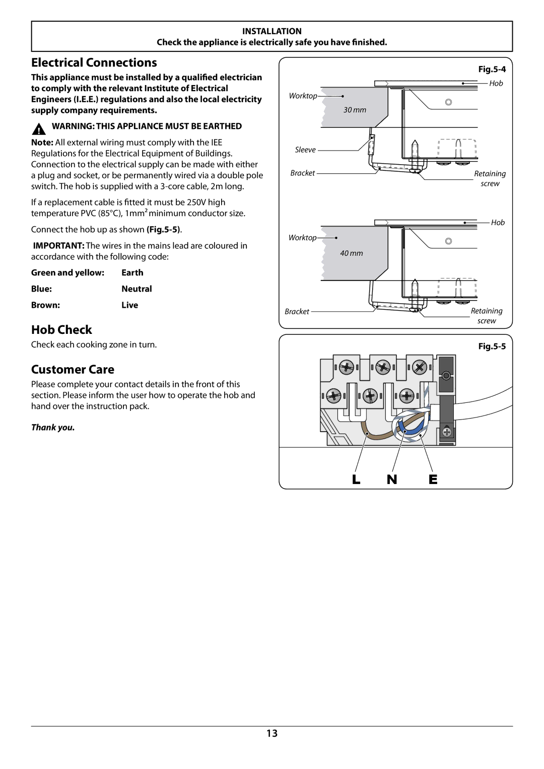 Rangemaster RC77 manual Electrical Connections, Hob Check, Customer Care, Thank you 