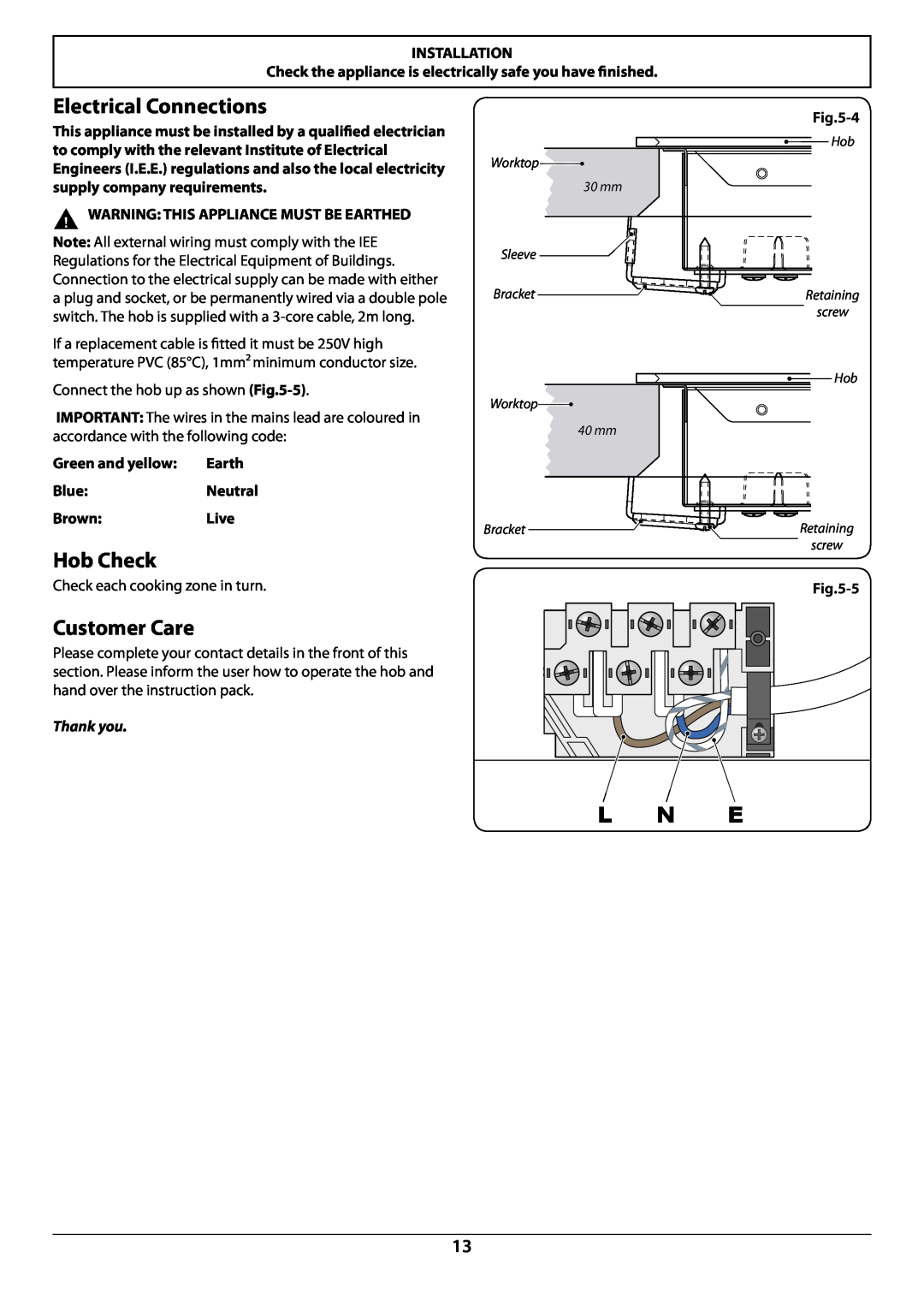 Rangemaster RC77 manual Electrical Connections, Hob Check, Customer Care, L N E, Thank you 
