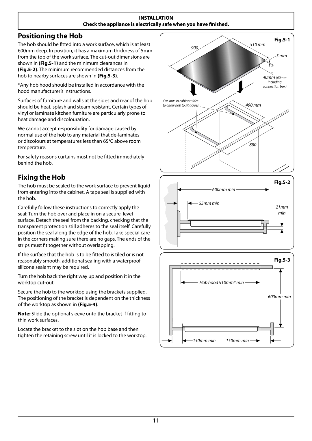 Rangemaster RC90 manual Positioning the Hob, Fixing the Hob 