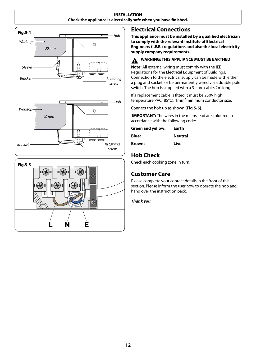 Rangemaster RC90 manual Electrical Connections, Hob Check, Customer Care, Thank you 