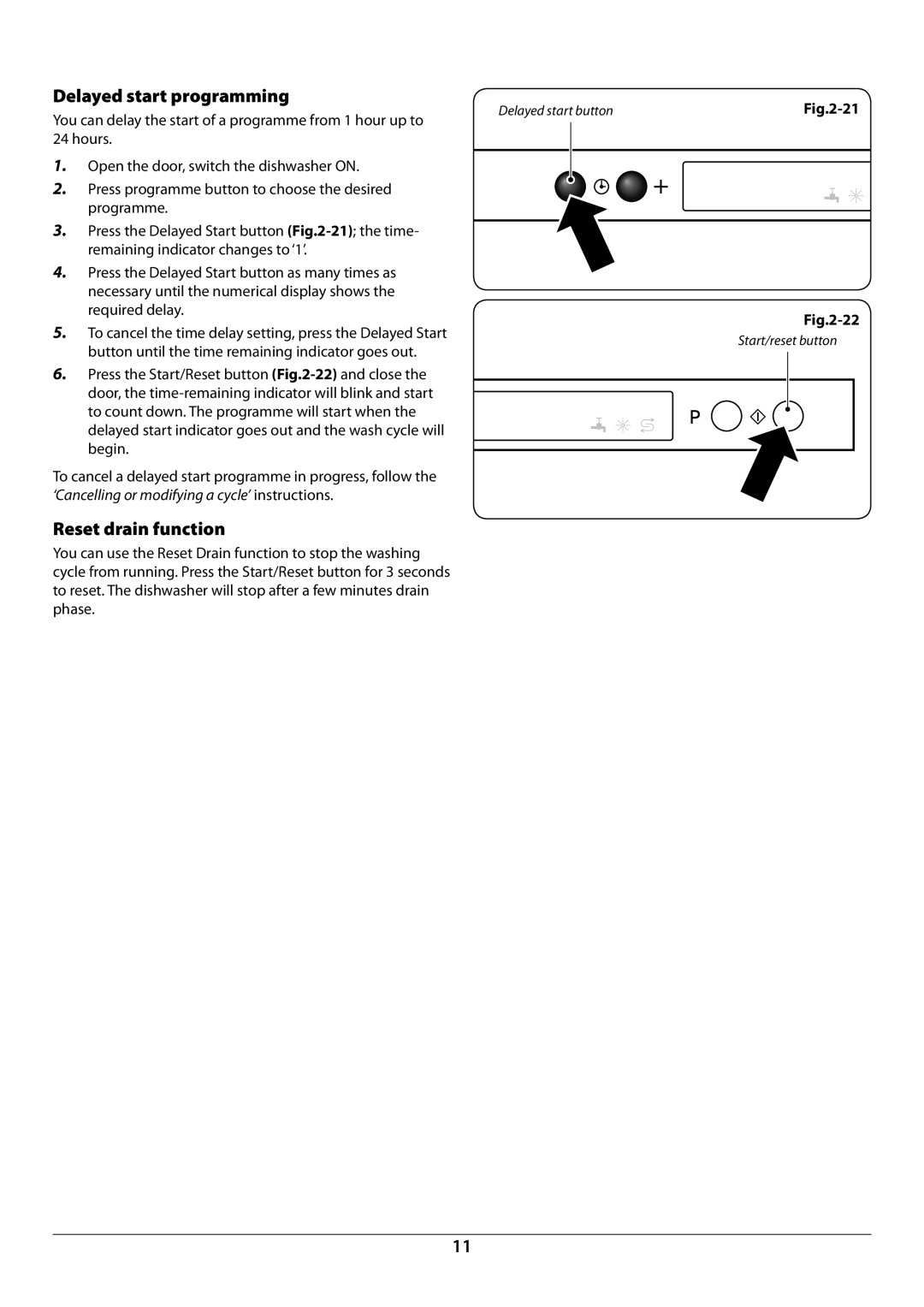 Rangemaster RDW459FI/SF manual Delayed start programming, Reset drain function 