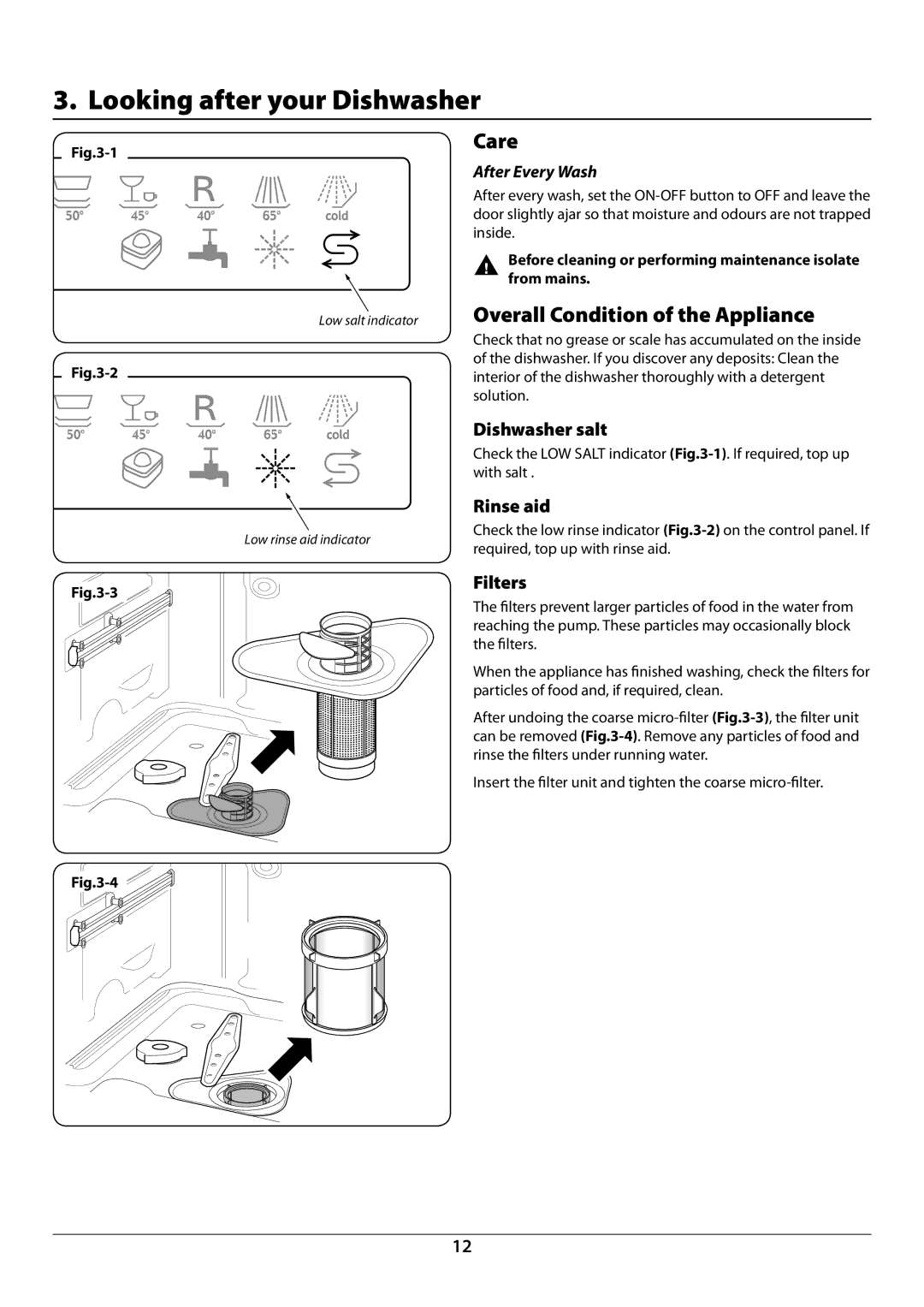 Rangemaster RDW459FI/SF manual Looking after your Dishwasher, Care, Overall Condition of the Appliance 