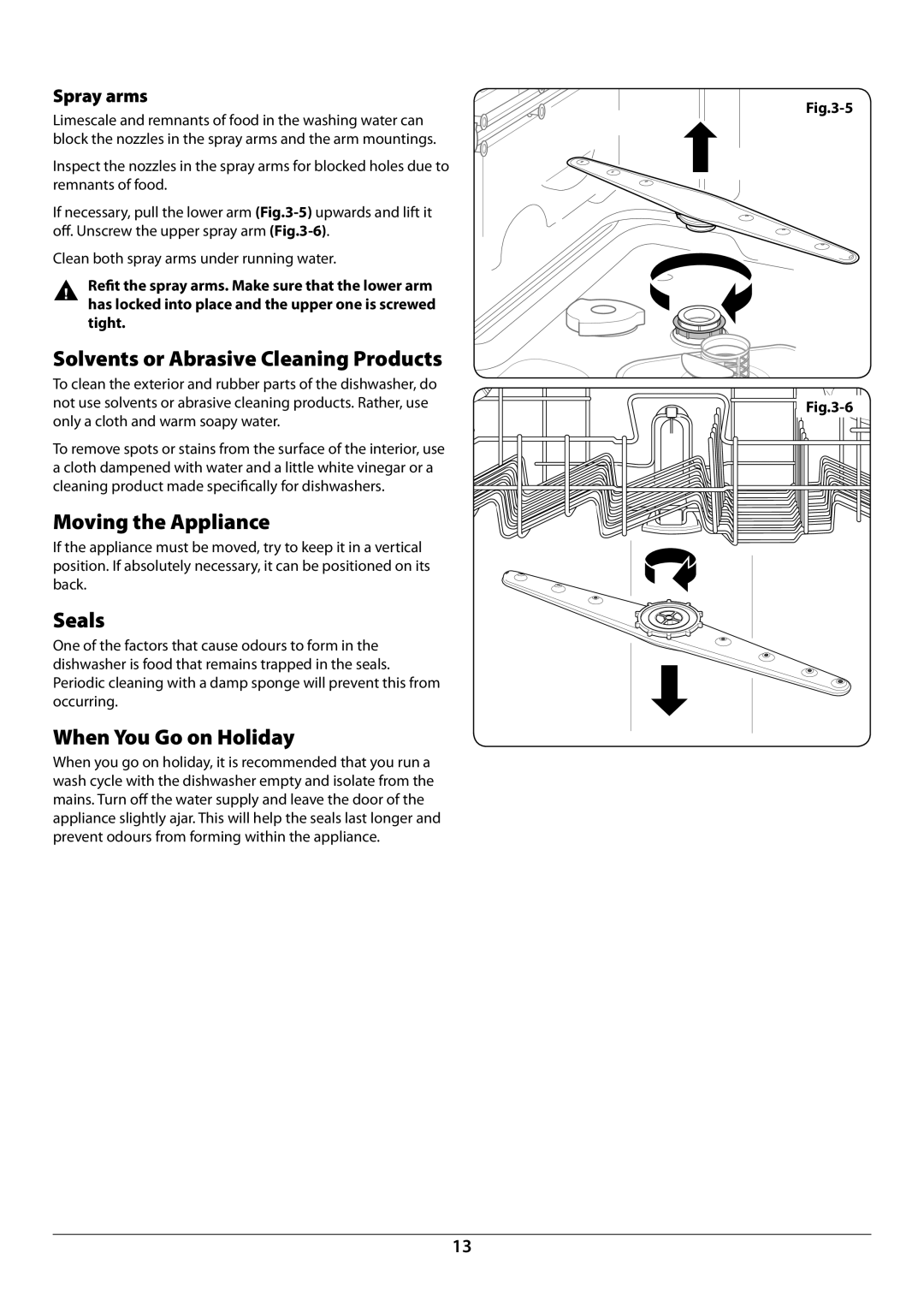 Rangemaster RDW459FI/SF manual Moving the Appliance, Seals, When You Go on Holiday, Spray arms 