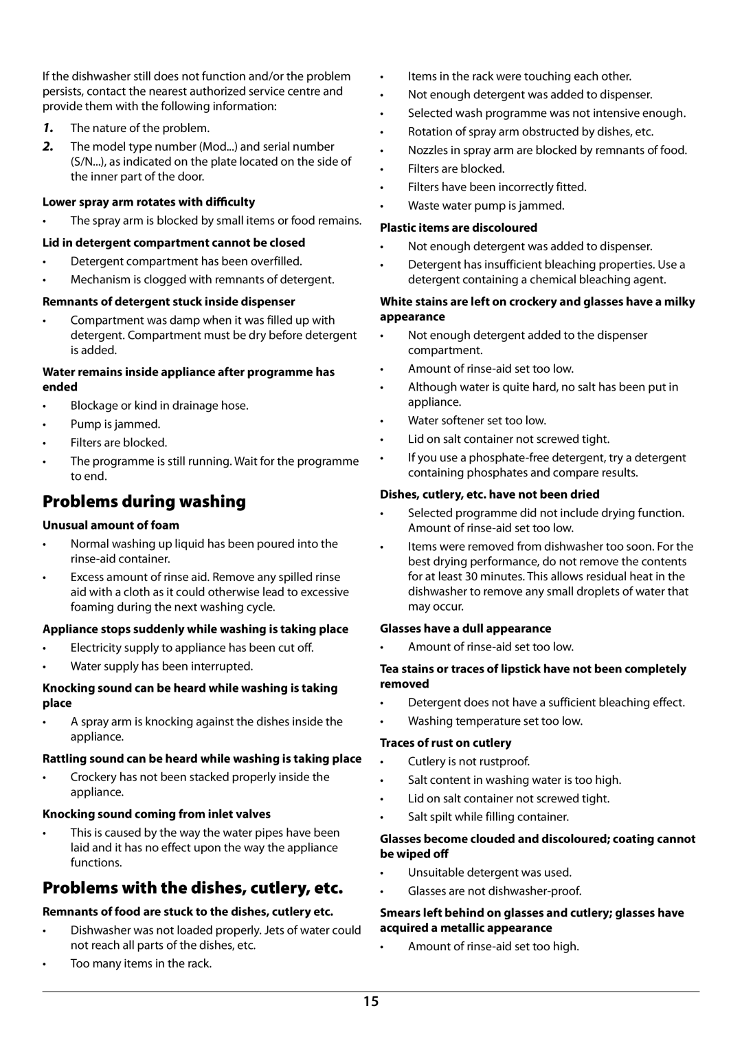 Rangemaster RDW459FI/SF manual Problems during washing, Problems with the dishes, cutlery, etc 