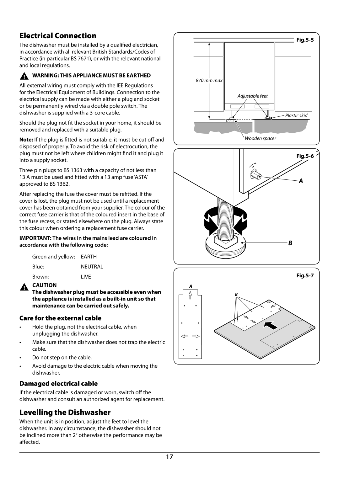 Rangemaster RDW459FI/SF manual Electrical Connection, Levelling the Dishwasher, Care for the external cable 