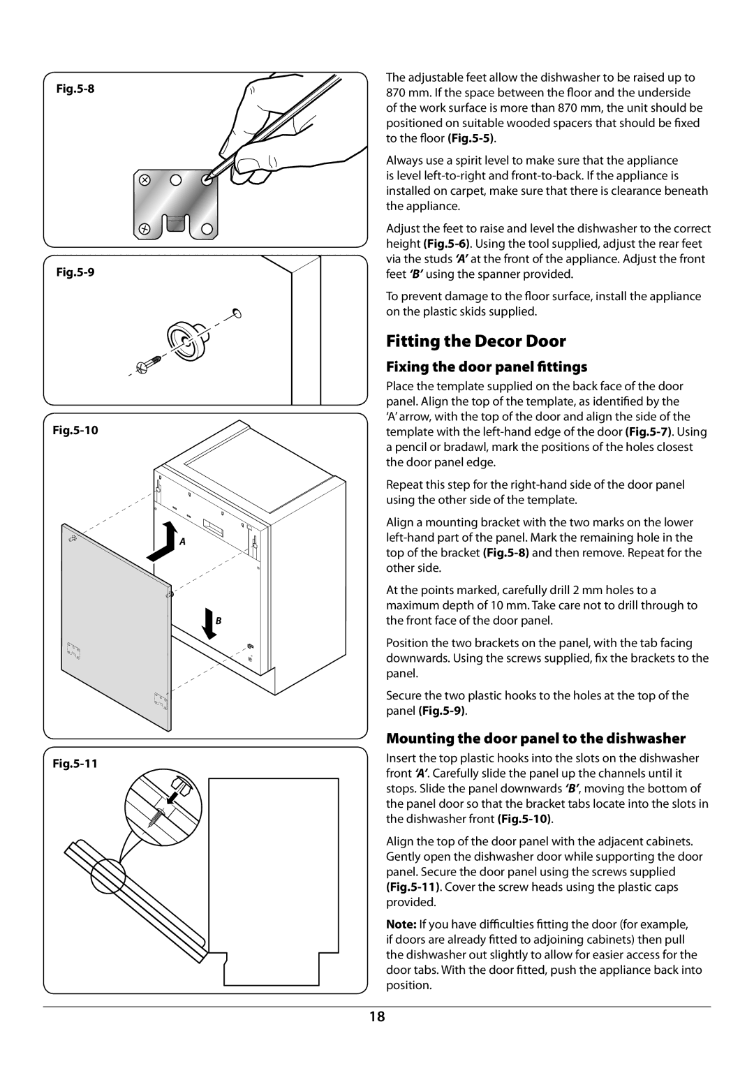 Rangemaster RDW459FI/SF Fitting the Decor Door, Fixing the door panel fittings, Mounting the door panel to the dishwasher 