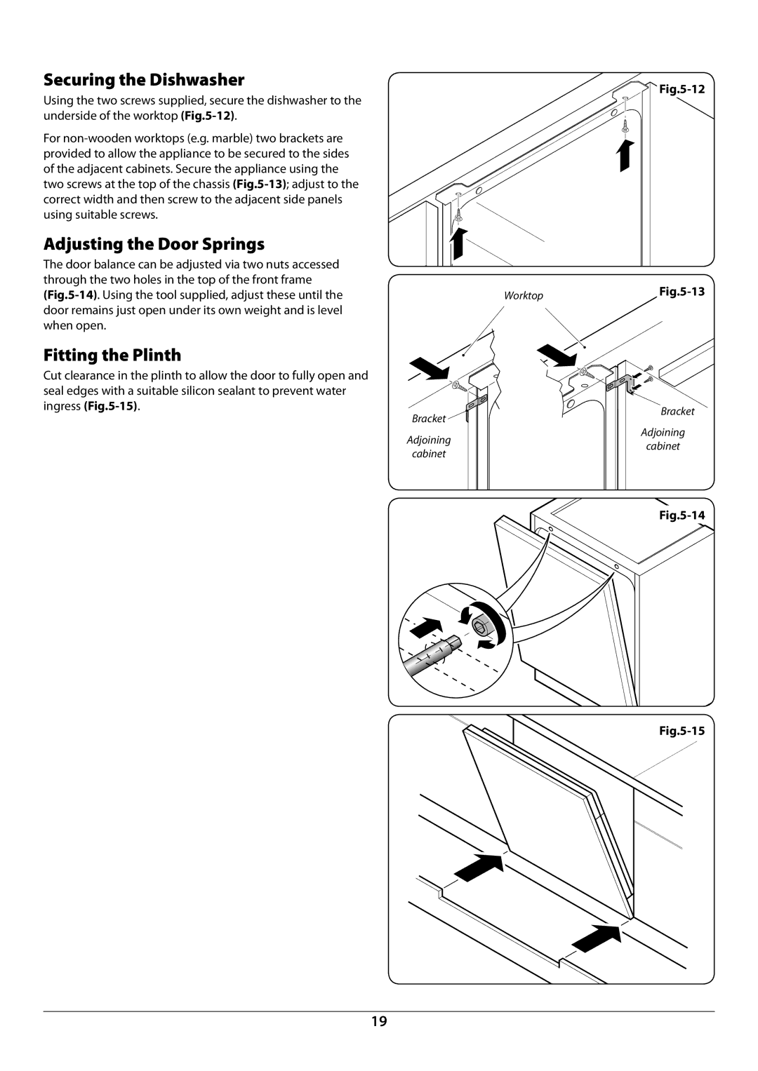 Rangemaster RDW459FI/SF manual Securing the Dishwasher, Adjusting the Door Springs, Fitting the Plinth 