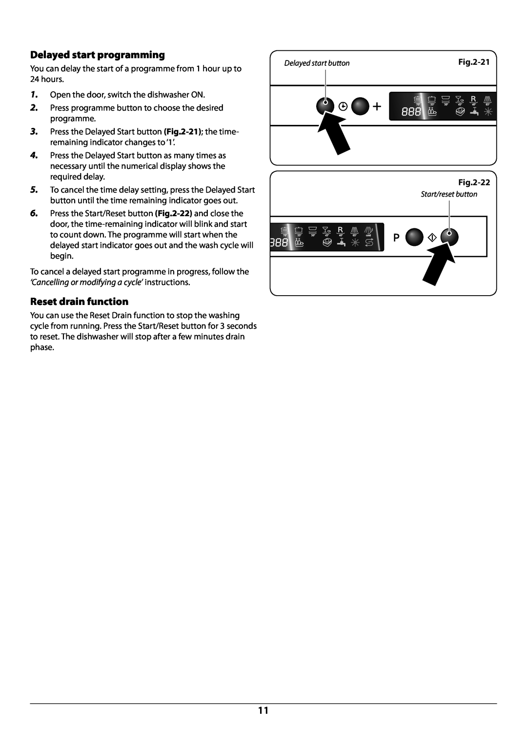 Rangemaster RDW459FI/SF manual Delayed start programming, Reset drain function 