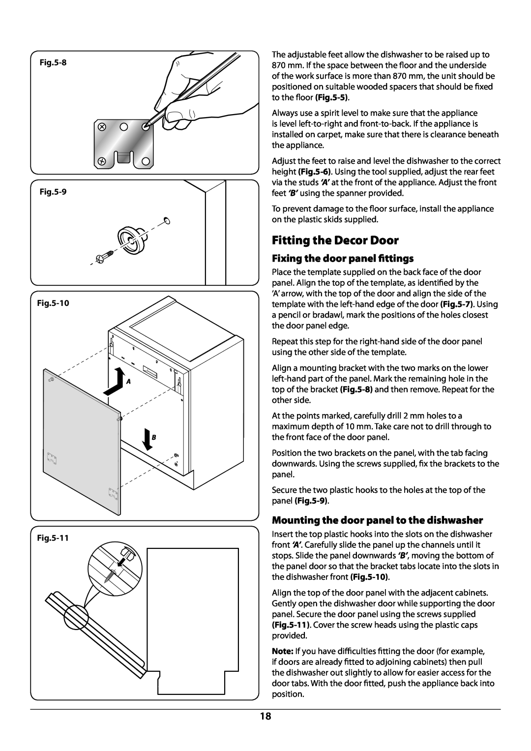 Rangemaster RDW459FI/SF Fitting the Decor Door, Fixing the door panel fittings, Mounting the door panel to the dishwasher 