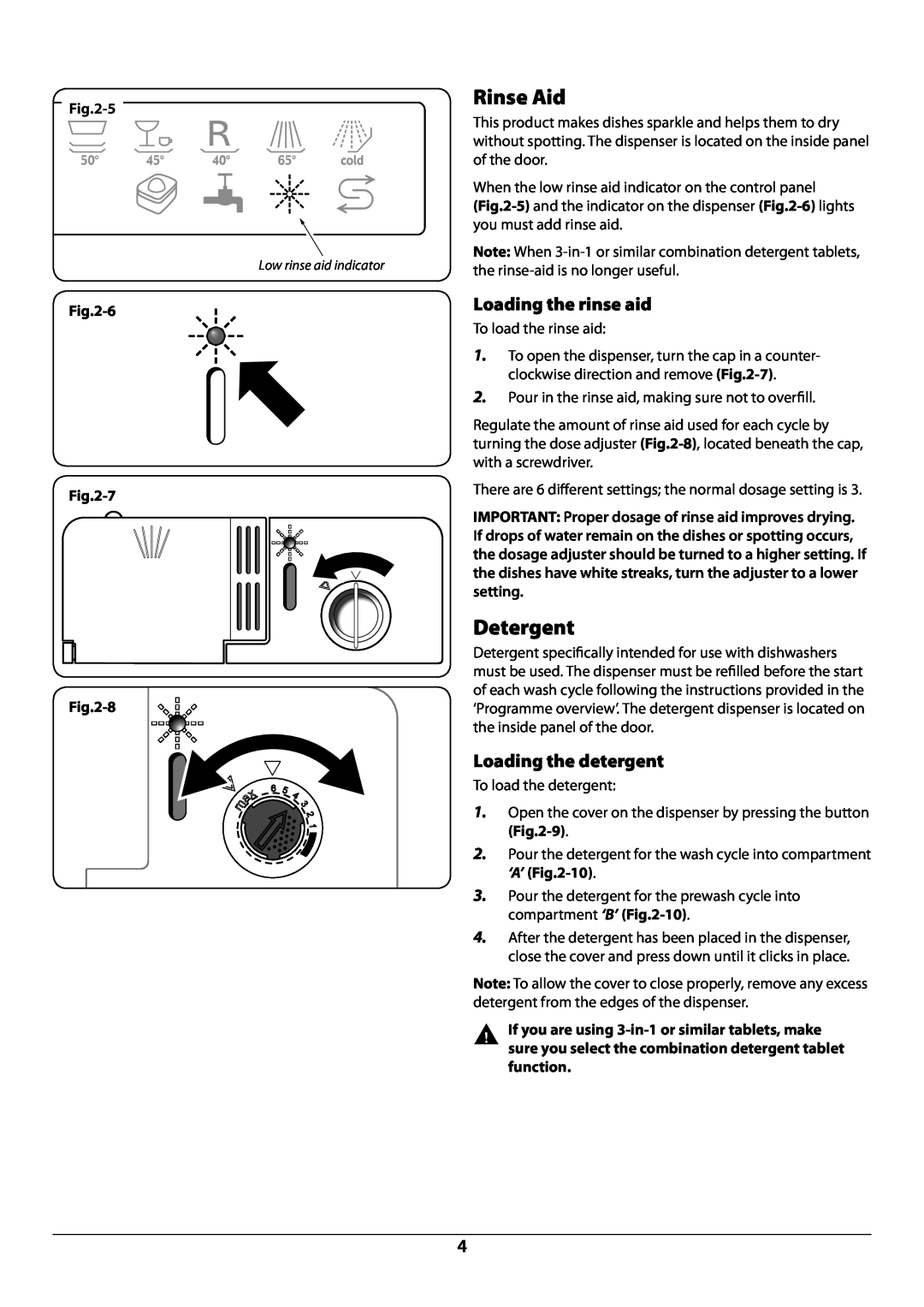 Rangemaster RDW459FI/SF manual Rinse Aid, Detergent, Loading the rinse aid, Loading the detergent, 6 -7 